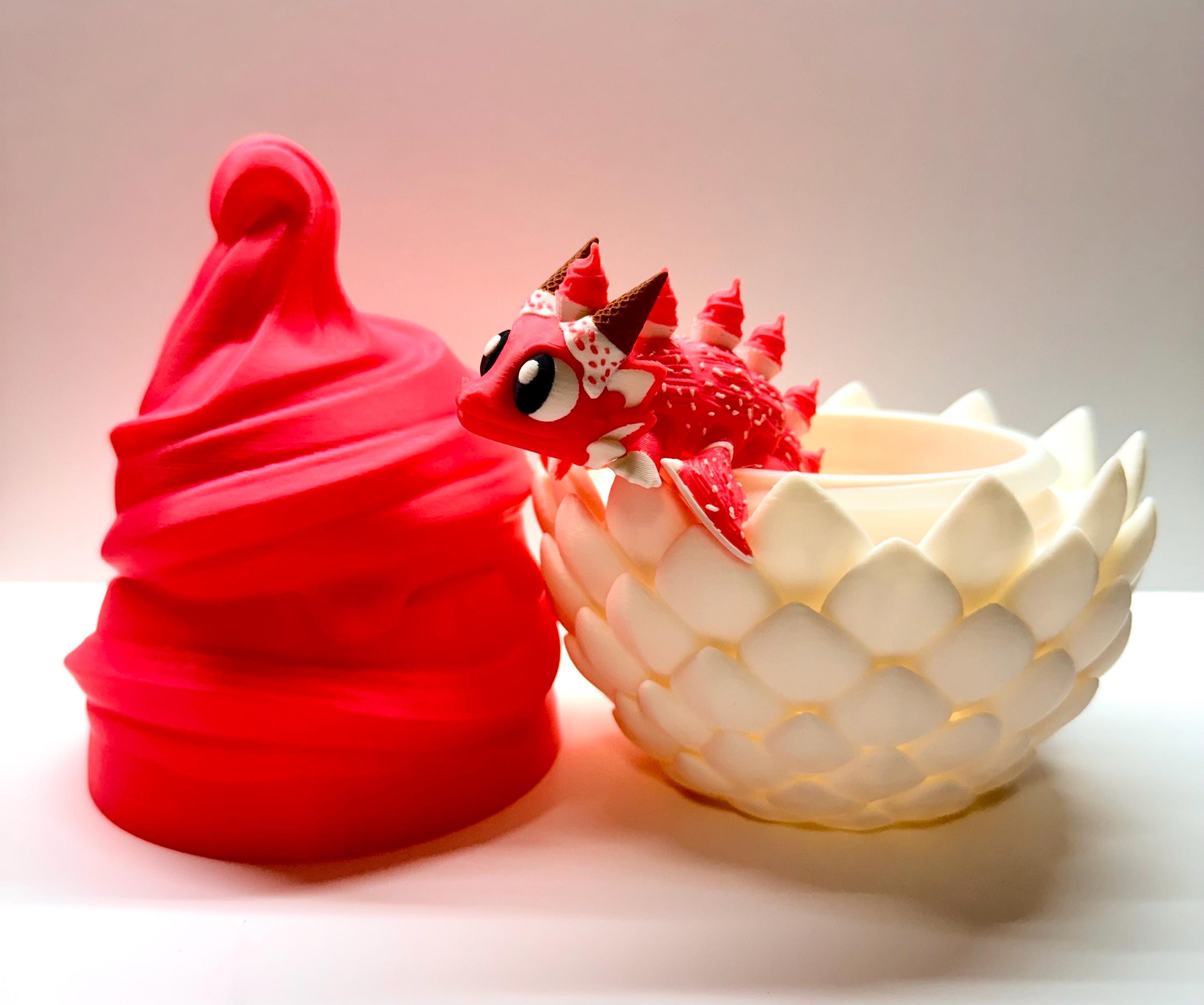 Articulated Cupcake Dragon Egg & Hatchling – 3D Printed Fantasy Display Figure - White