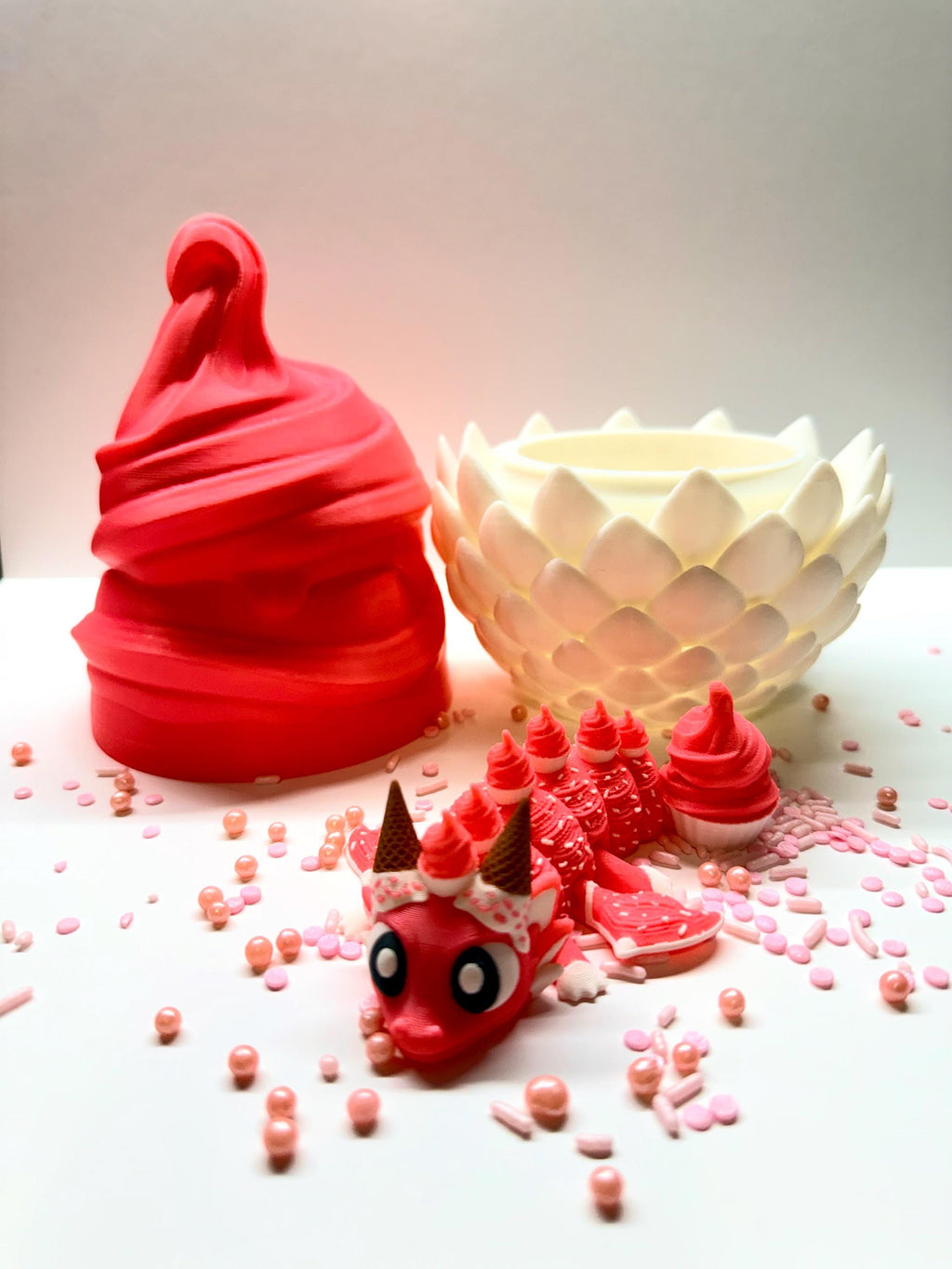 Articulated Cupcake Dragon Egg & Hatchling – 3D Printed Fantasy Display Figure - White