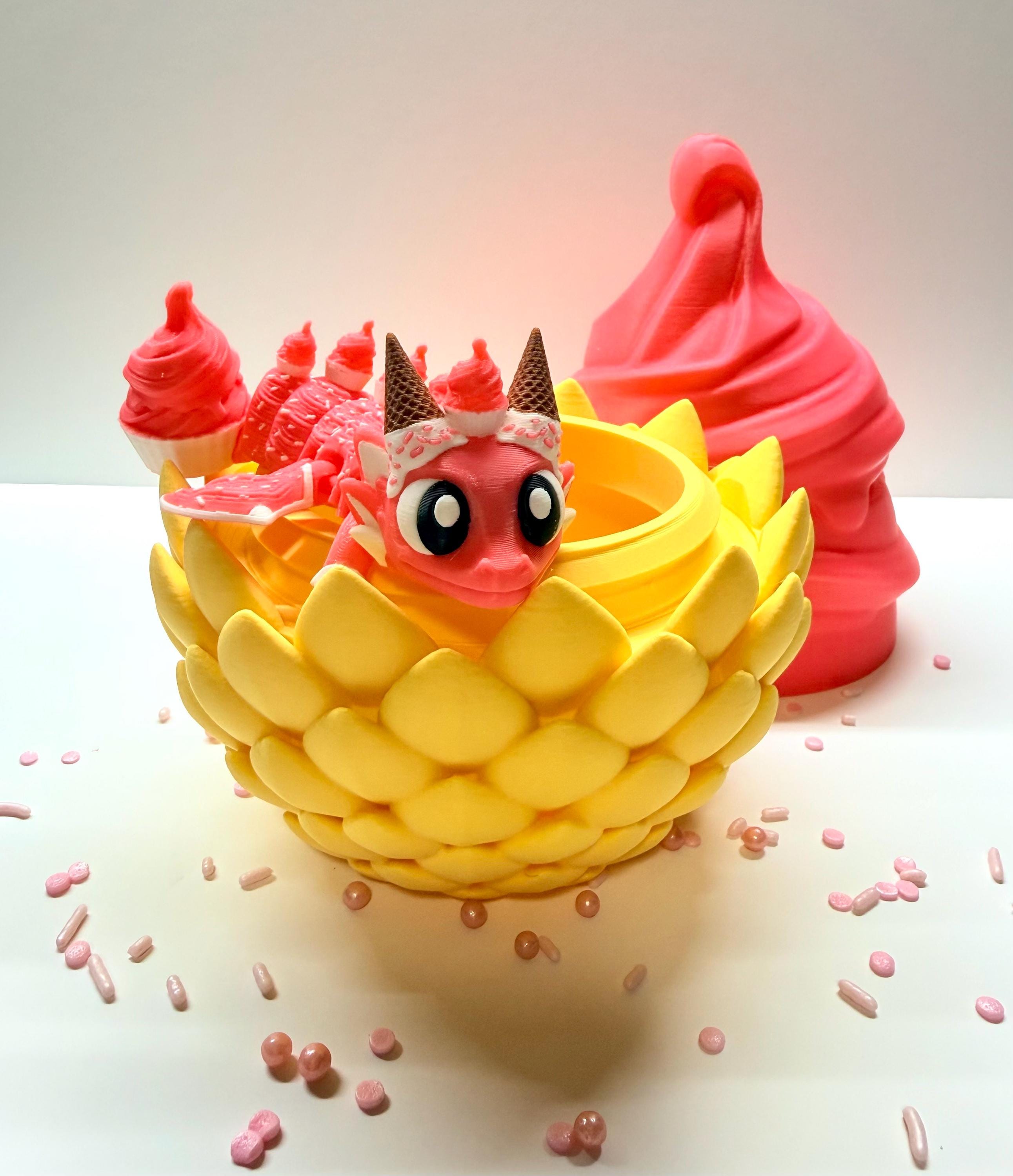 Articulated Cupcake Dragon Egg & Hatchling – 3D Printed Fantasy Display Figure - Yellow