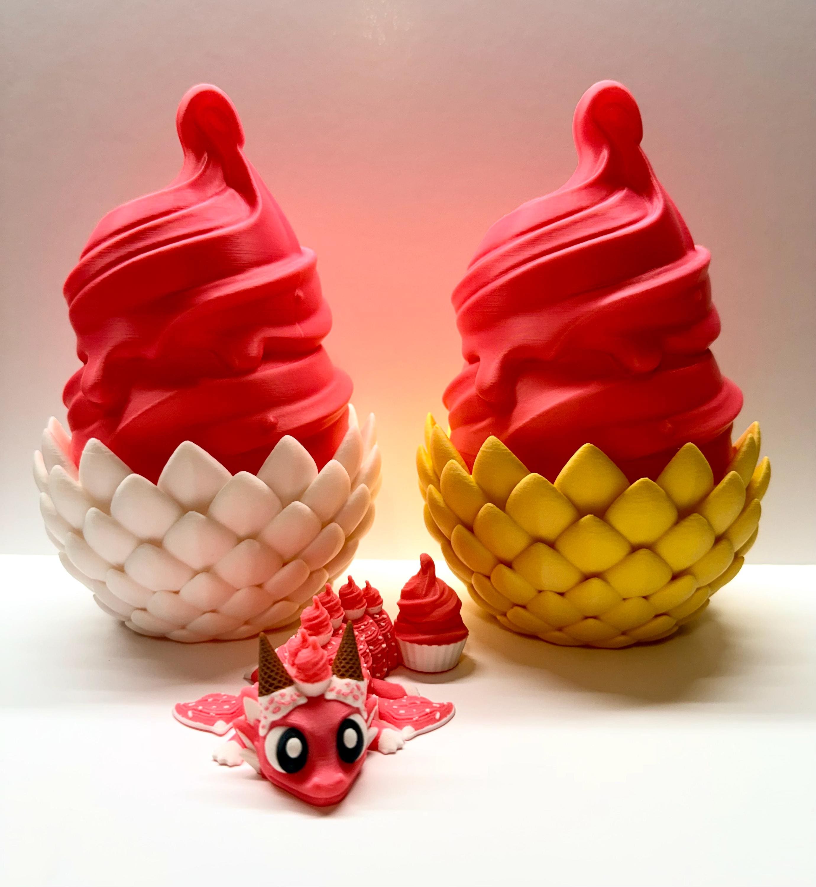Articulated Cupcake Dragon Egg & Hatchling – 3D Printed Fantasy Display Figure - White