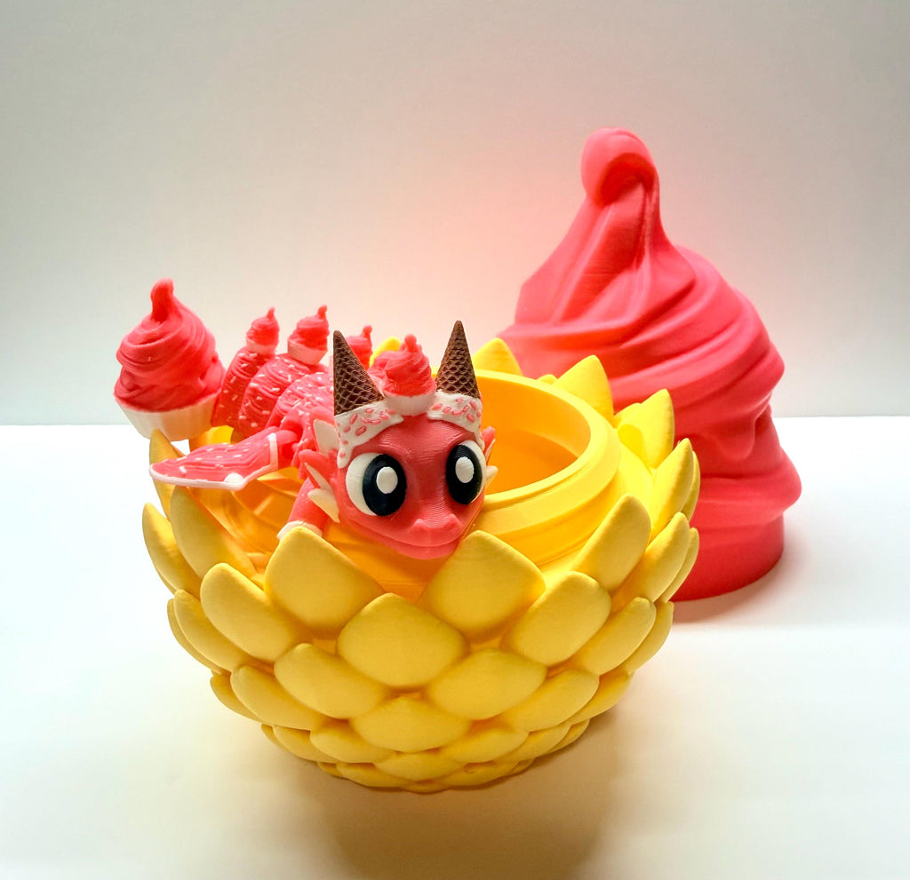 Articulated Cupcake Dragon Egg & Hatchling – 3D Printed Fantasy Display Figure - Yellow